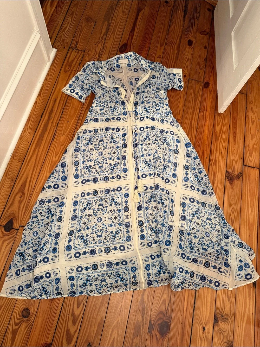 Tory Burch White and Blue Printed Pisces Maxi Dress w tassels